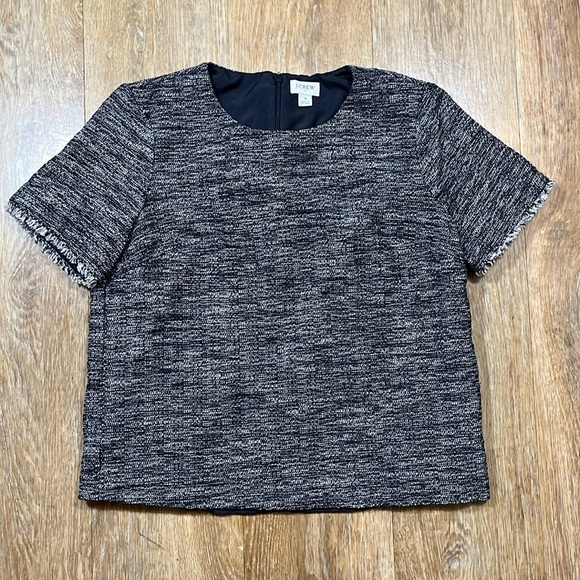 J. Crew Navy Blue Tweed Short Sleeve Fringe Cotton Lined Top Shirt Small EUC - Picture 4 of 14